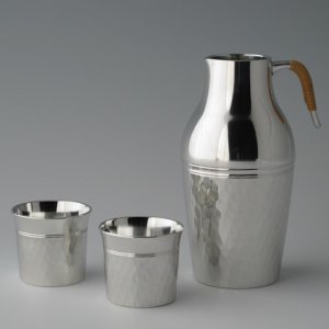 Photo: Pewter Decanter and Sake Cup Set: Diamond Pattern