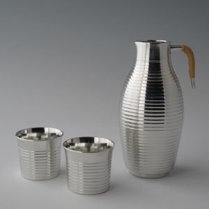 Photo: Pewter Decanter and Sake Cup Set: Stripe Pattern