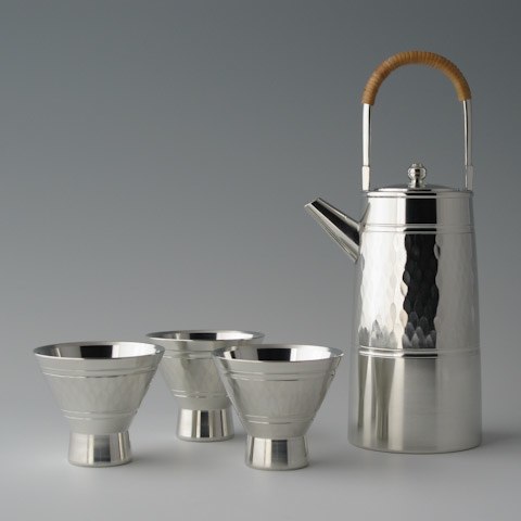 Photo1: Pewter Lidded Decanter and Sake Cup Set: Diamond Pattern